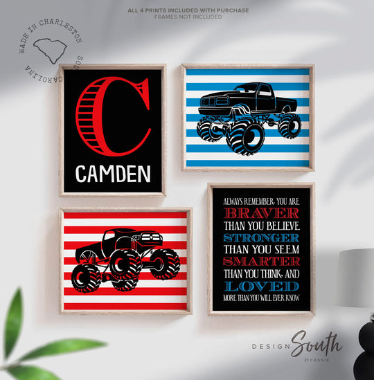Monster truck wall personalized name for boys room decor, truck theme wall prints, boys monster truck with name, toddler truck bedroom decor – unframed wall art print for kids room or nursery.