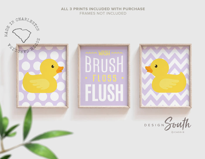 Girls bathroom decor lilac, yellow rubber duck bathroom wall art prints, wash brush floss flush, purple and yellow bathroom, baby bathroom