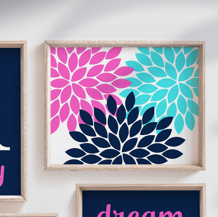 Girls nursery decor, dahlia prints, girls flower decor, hot pink nursery, baby girl art, dream big quote, little girl room monogram decor