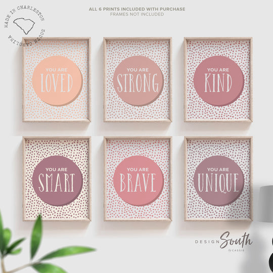Boho blush mauve nursery playroom or bedroom art prints, you are loved kind brave unique, neutral wall art, boho kids bedroom playroom art – unframed wall art print for kids room or nursery.