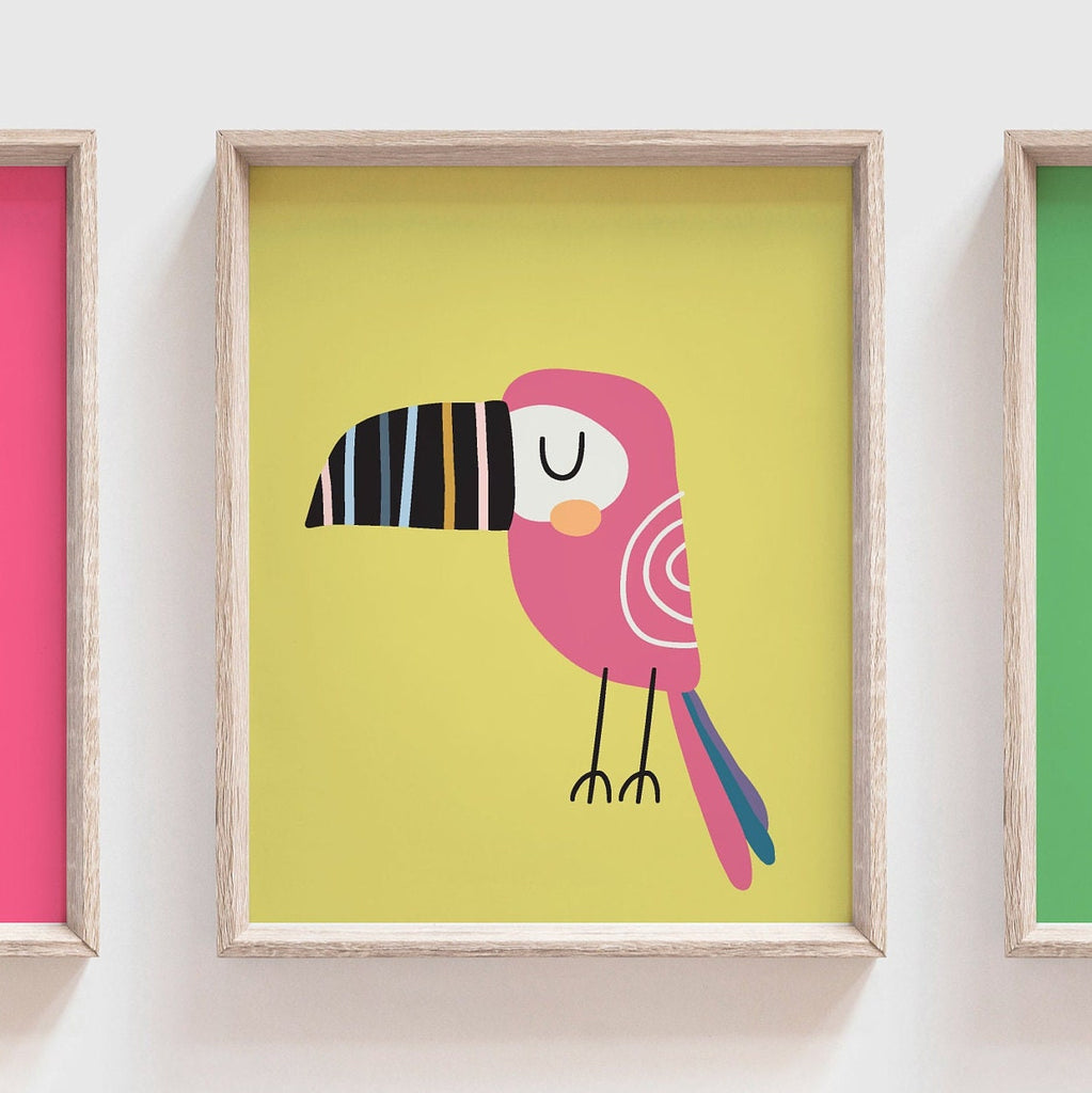 Toucan bird prints, wall art tropical bird, pink tropical wall art, pink yellow green bright tropical art, modern trendy bright art set of 3