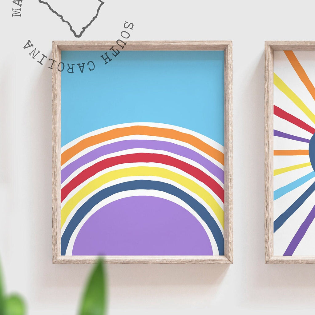 Sunshine nursery wall art, hello sunshine sun rays clouds, rainbow primary colors, girl boy playroom room wall art, unisex themes room idea