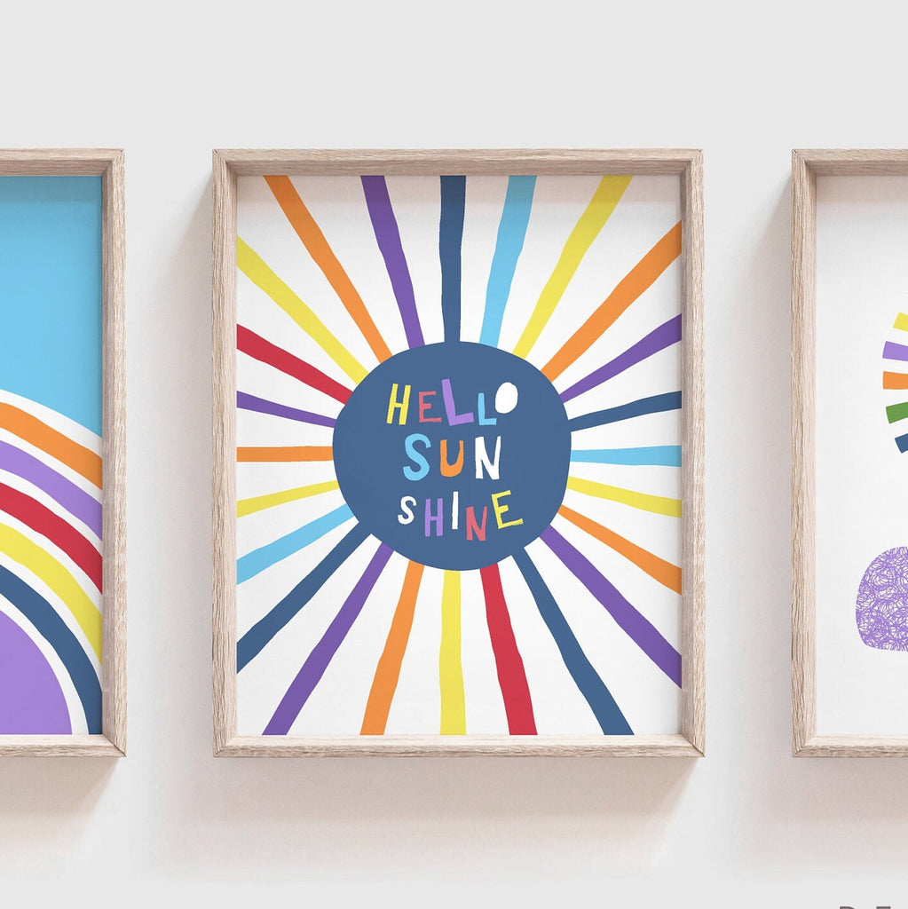 Sunshine nursery wall art, hello sunshine sun rays clouds, rainbow primary colors, girl boy playroom room wall art, unisex themes room idea