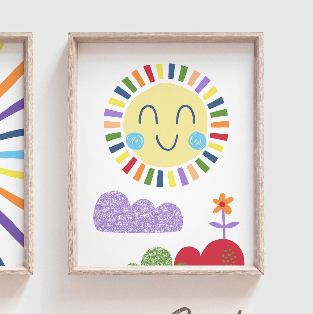 Sunshine nursery wall art, hello sunshine sun rays clouds, rainbow primary colors, girl boy playroom room wall art, unisex themes room idea