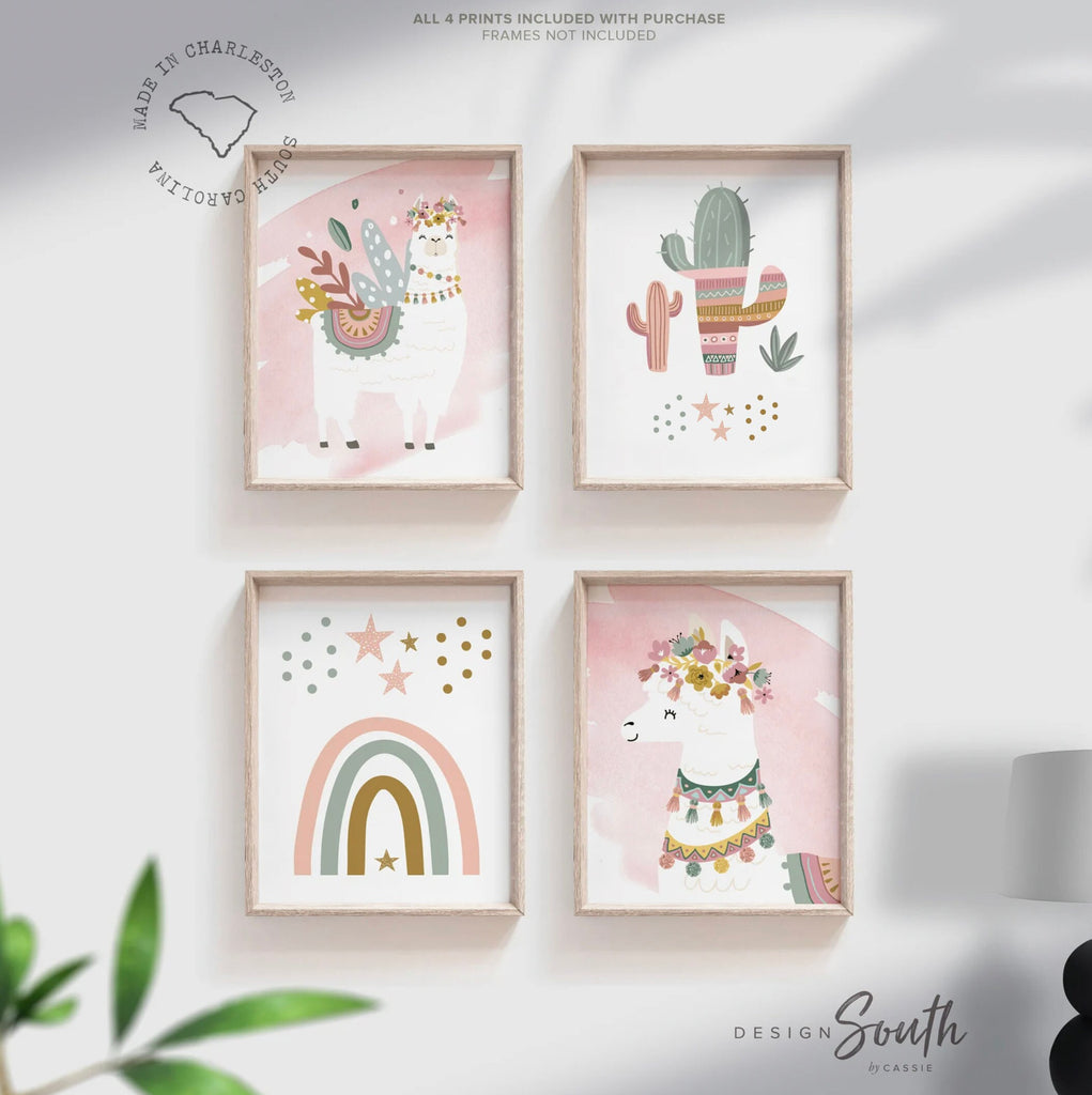 Boho nursery decor, boho nursery wall art idea, print set llama mauve pink succulents, llama themed baby room, wall decor girl bedroom llama