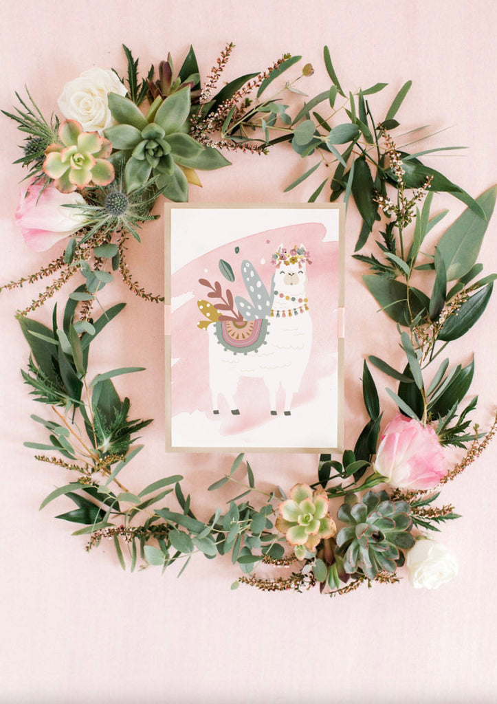 Boho nursery decor, boho nursery wall art idea, print set llama mauve pink succulents, llama themed baby room, wall decor girl bedroom llama