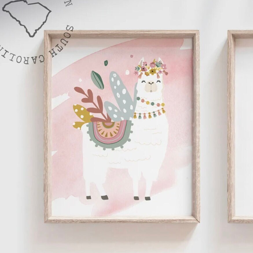Boho nursery decor, boho nursery wall art idea, print set llama mauve pink succulents, llama themed baby room, wall decor girl bedroom llama