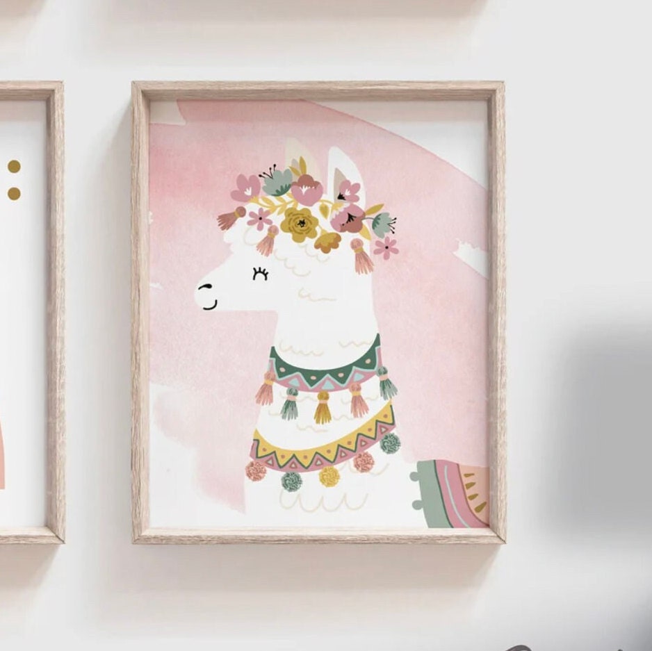 Boho nursery decor, boho nursery wall art idea, print set llama mauve pink succulents, llama themed baby room, wall decor girl bedroom llama