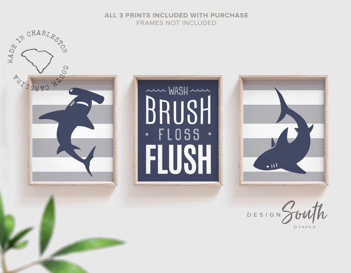 Boys gray and navy blue shark bathroom, kids bathroom sharks, boys nautical bathroom, wall shark prints for boys, ideas for toddler bathroom