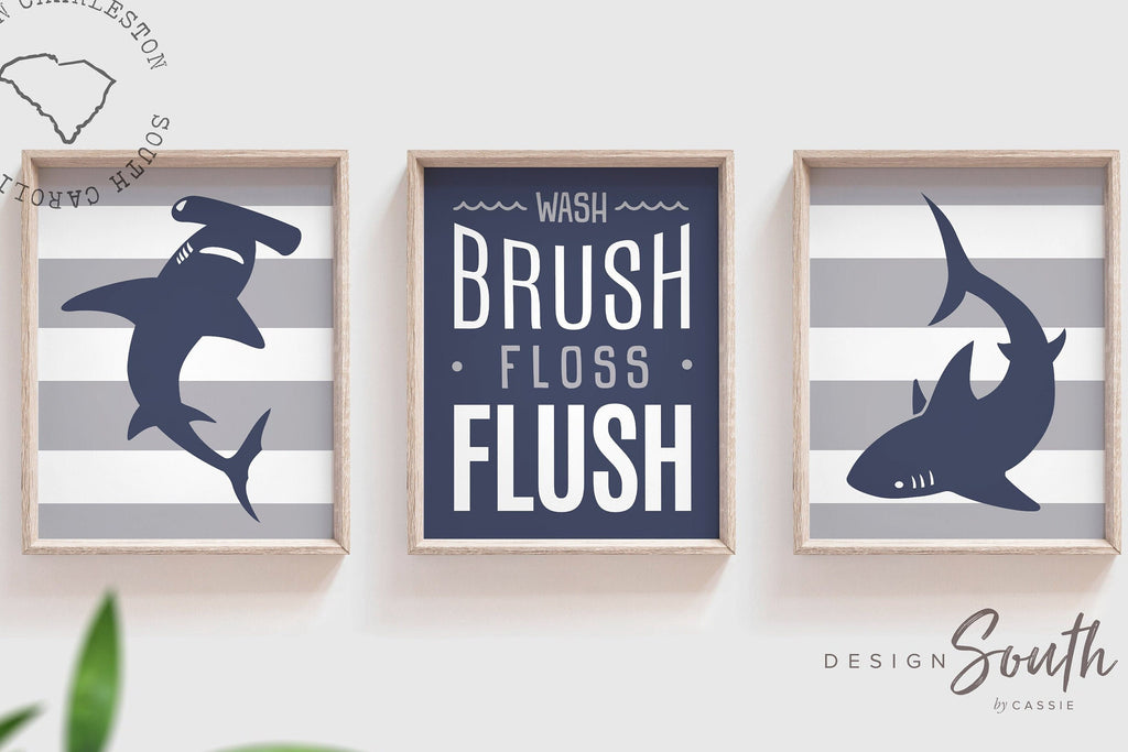 Boys gray and navy blue shark bathroom, kids bathroom sharks, boys nautical bathroom, wall shark prints for boys, ideas for toddler bathroom