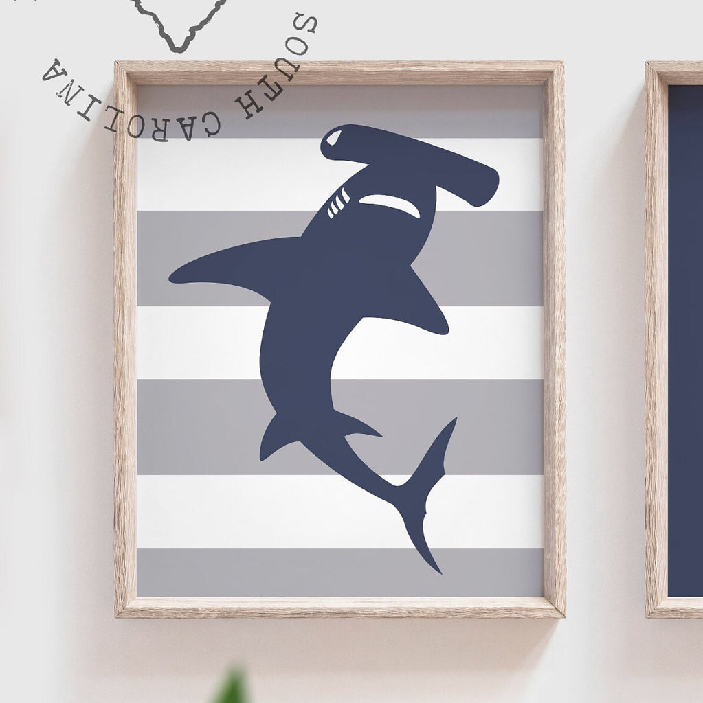 Boys gray and navy blue shark bathroom, kids bathroom sharks, boys nautical bathroom, wall shark prints for boys, ideas for toddler bathroom