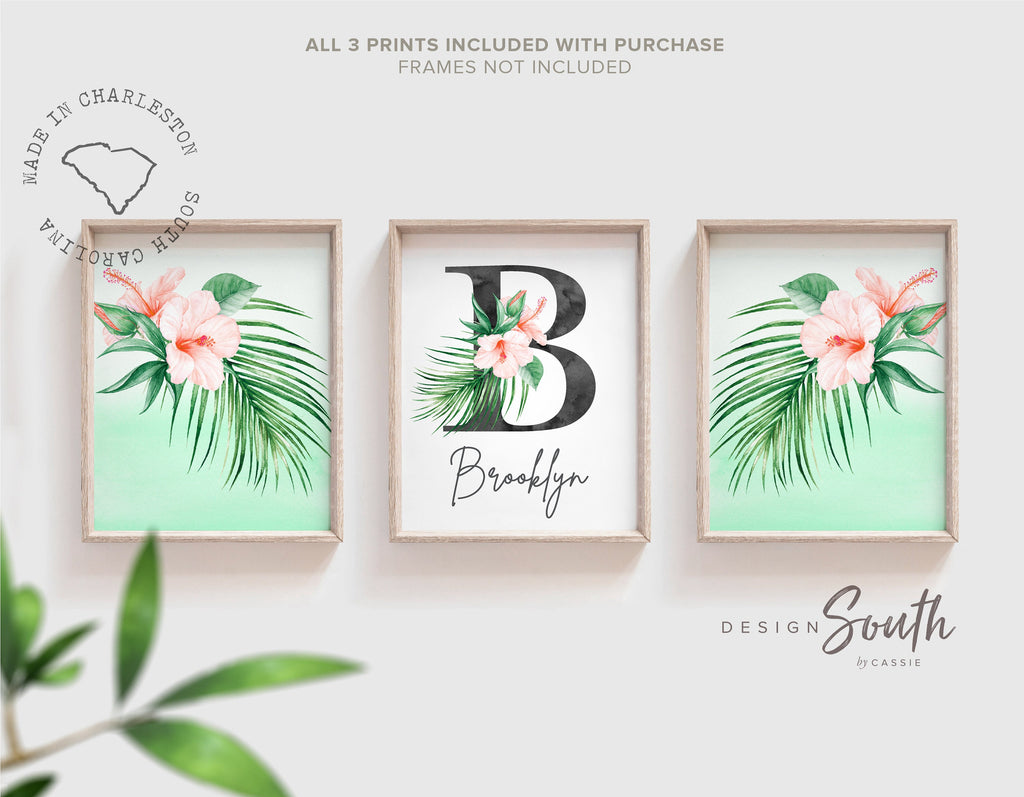 Girl nursery decor, palm leaf tropical theme nursery art, mint green tropics botanical girl wall, palm nursery decor, pink tropical decor