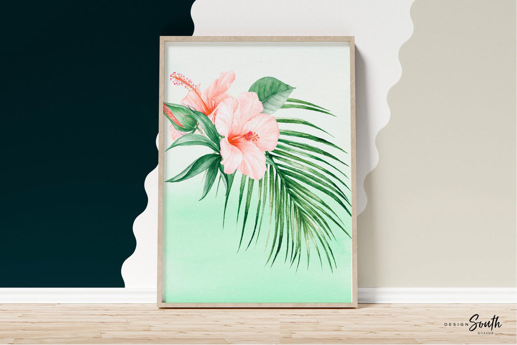 Girl nursery decor, palm leaf tropical theme nursery art, mint green tropics botanical girl wall, palm nursery decor, pink tropical decor