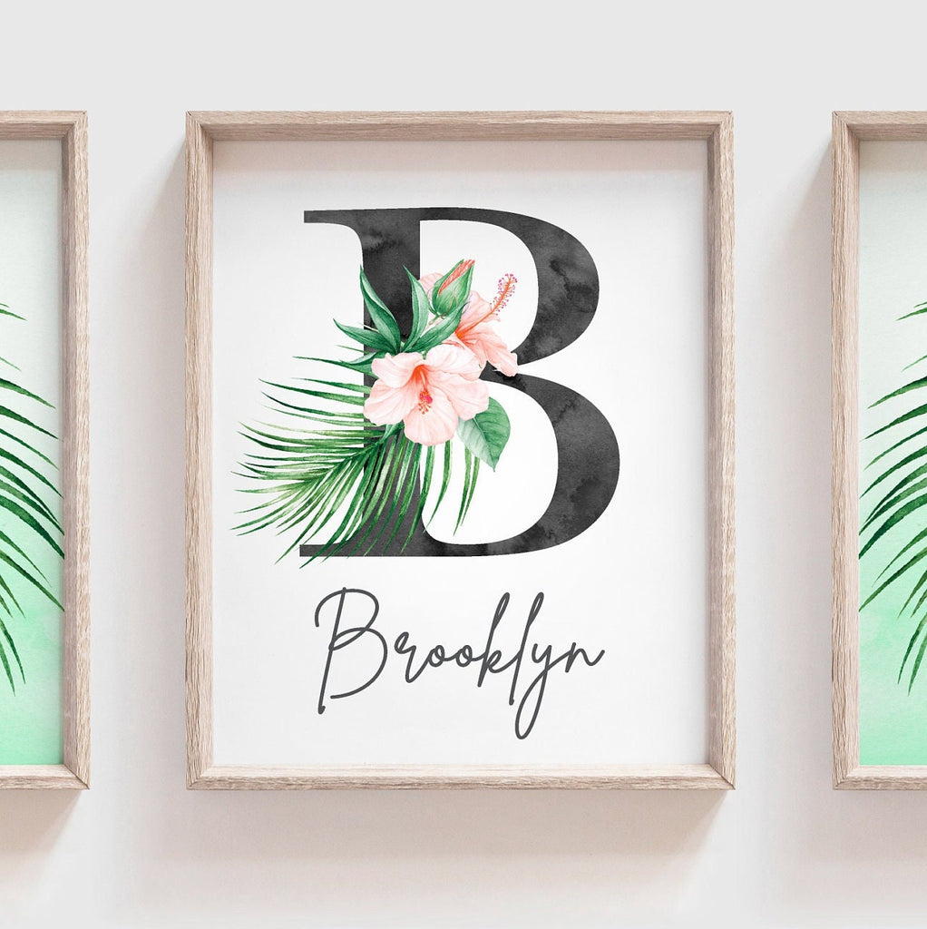 Girl nursery decor, palm leaf tropical theme nursery art, mint green tropics botanical girl wall, palm nursery decor, pink tropical decor