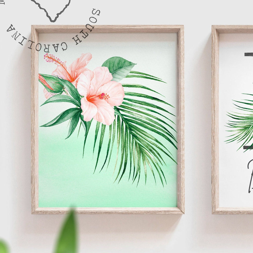 Girl nursery decor, palm leaf tropical theme nursery art, mint green tropics botanical girl wall, palm nursery decor, pink tropical decor