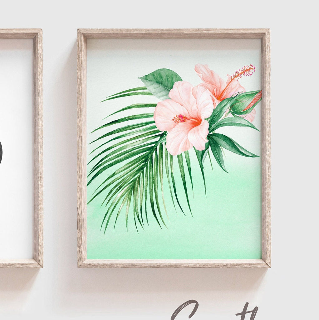 Girl nursery decor, palm leaf tropical theme nursery art, mint green tropics botanical girl wall, palm nursery decor, pink tropical decor