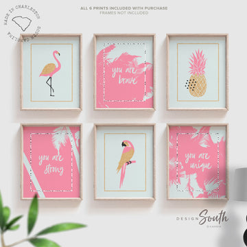 Pink aqua gold nursery, tropical girl bedroom playroom ideas, little girl room decor pink aqua gold, inspirational girl wall art gallery set