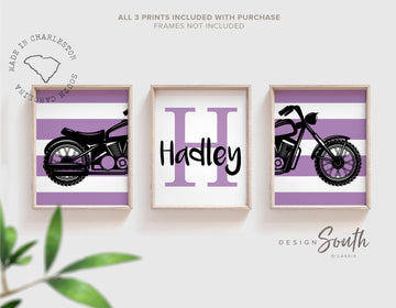 Toddler girl purple motorcycle themed art, girls motorcycle customized name print, purple harley davidson bedroom decor, baby purple harley