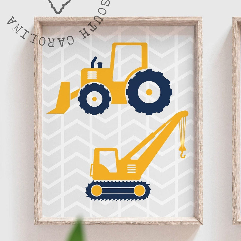 Baby boy construction nursery decor navy blue and yellow, digger prints, digger nursery art, boys construction dream big, boys bedroom decor