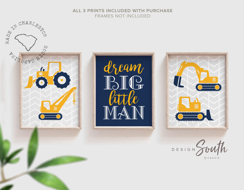 Baby boy construction nursery decor navy blue and yellow, digger prints, digger nursery art, boys construction dream big, boys bedroom decor