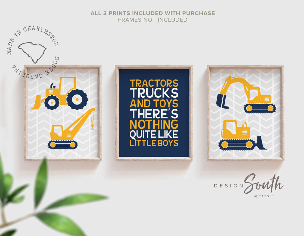 Baby boy construction nursery decor navy blue and yellow, digger prints, digger nursery art, boys construction dream big, boys bedroom decor