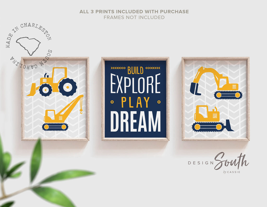Baby boy construction nursery decor navy blue and yellow, digger prints, digger nursery art, boys construction dream big, boys bedroom decor