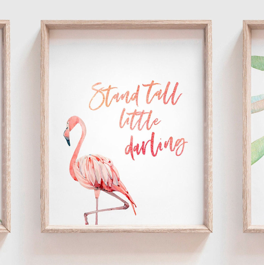 Stand tall little darling, tropical palm flamingo nursery, above crib tropical theme, flamingo art, newborn flamingo nursery pink and green