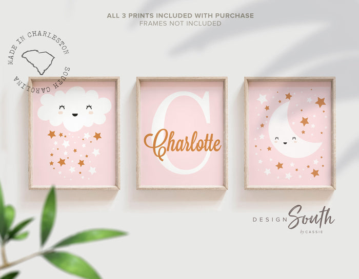 Girls nursery decor pink, baby girl wall art, blush bedroom decor little girl, pink moon star cloud gift, baby star art personalized name