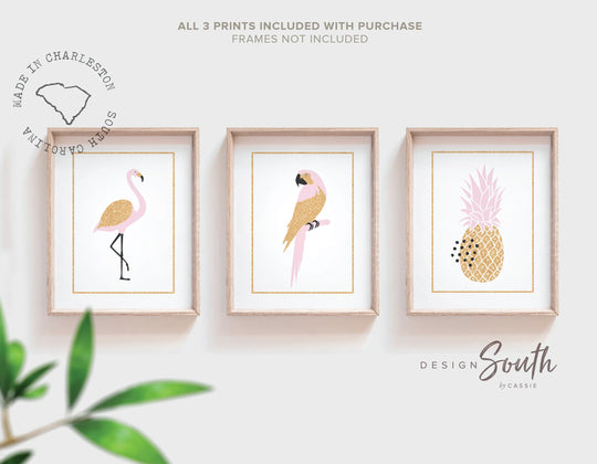 Pink flamingo girl art, flamingo gift for girl, tropical nursery theme decor, pink gold nursery art, flamingo pineapple art print set of 3