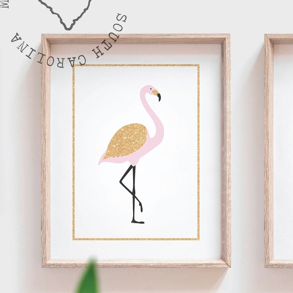 Pink flamingo girl art, flamingo gift for girl, tropical nursery theme decor, pink gold nursery art, flamingo pineapple art print set of 3