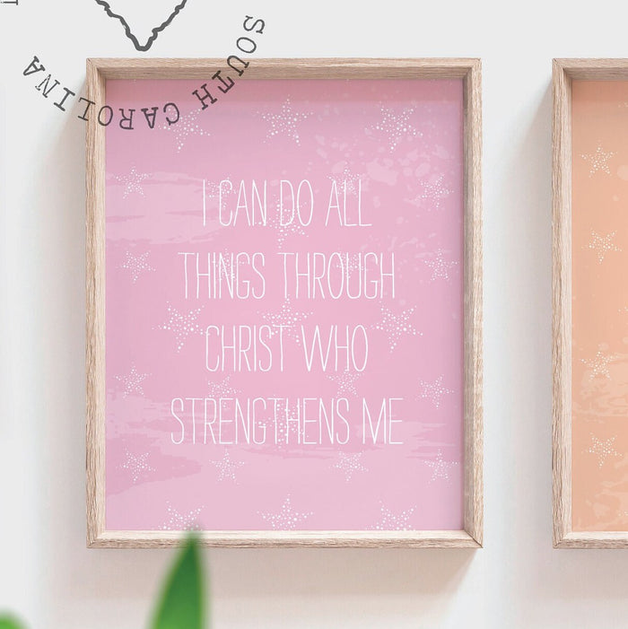 Baby bible quotes verses art, fearfully and wonderfully made quote art print, Christ strengthens me quote art, pastel christian wall art set