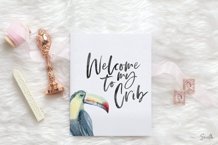 Hibiscus flowers toucan art, pink green tropical nursery ideas, welcome to my crib baby girl room art prints, tropical leaf hibiscus flowers