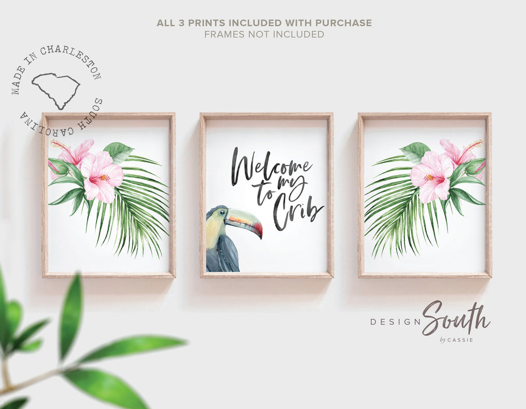 Hibiscus flowers toucan art, pink green tropical nursery ideas, welcome to my crib baby girl room art prints, tropical leaf hibiscus flowers