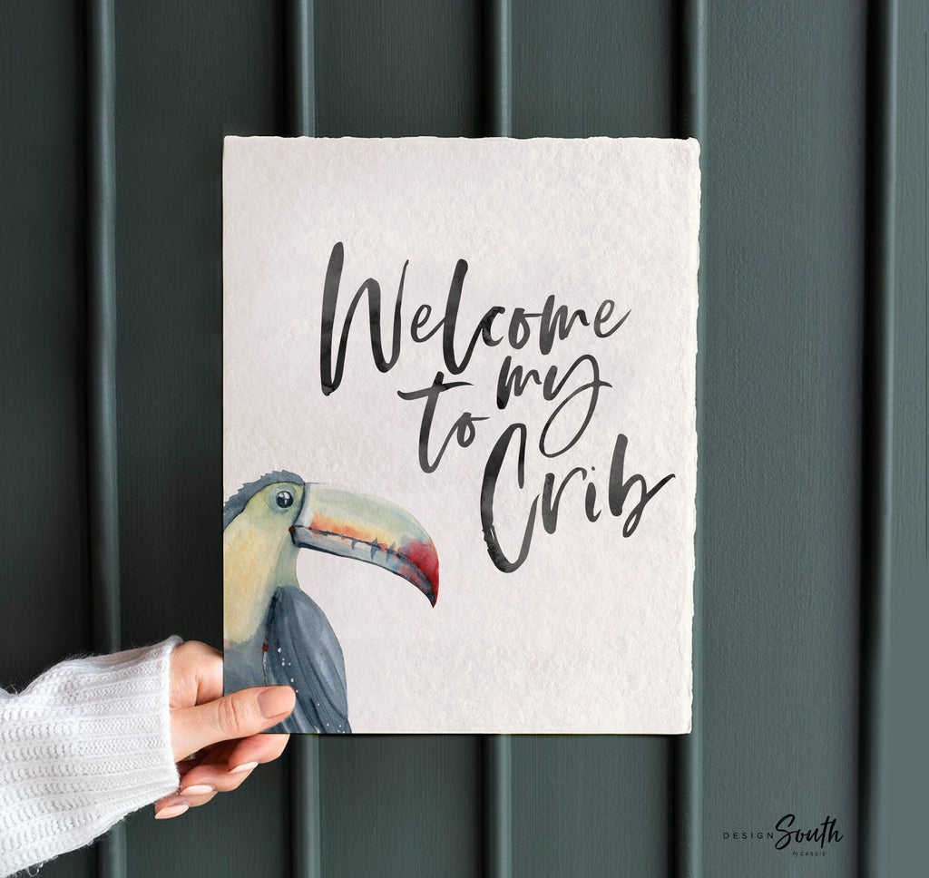 Hibiscus flowers toucan art, pink green tropical nursery ideas, welcome to my crib baby girl room art prints, tropical leaf hibiscus flowers