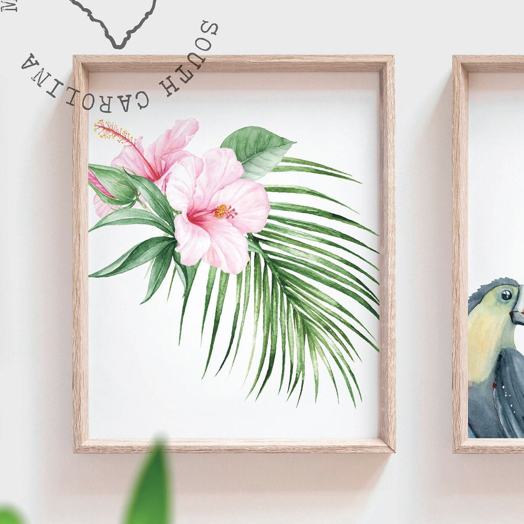 Hibiscus flowers toucan art, pink green tropical nursery ideas, welcome to my crib baby girl room art prints, tropical leaf hibiscus flowers