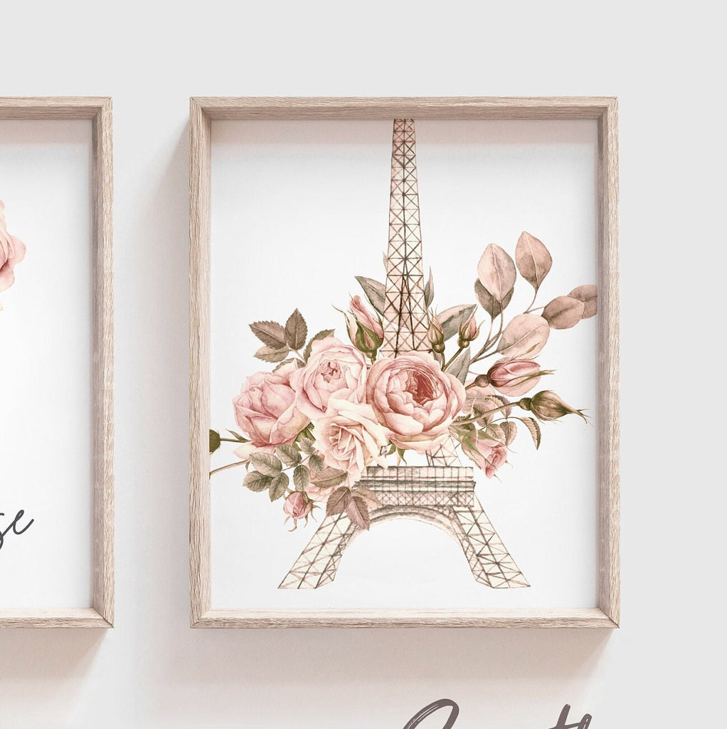 Paris girl room, elegant eiffel tower art, floral french rose flower prints, baby girl nursery paris themed, baby shower paris themed gift