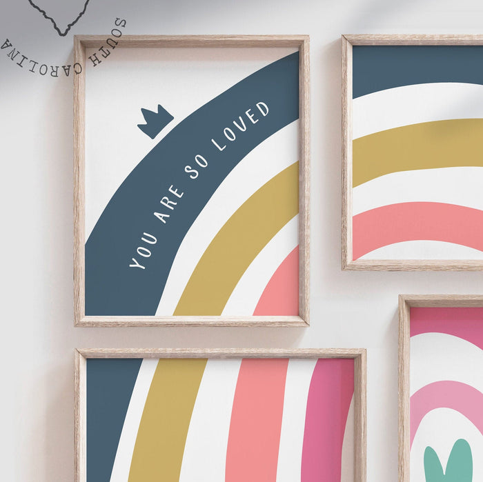 Rainbow nursery decor, modern nursery wall decor for girls, love heart print set, rainbow themed bedroom, child wall decor art you are loved