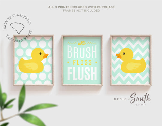 Bathroom wall print for children, mint green kids bathroom decor, wash, brush, floss, flush, bathroom prints for boys girls, rubber duck art – unframed wall art print for kids room or nursery.