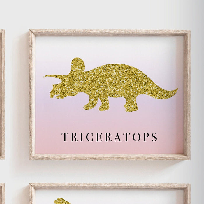 Ombre dinosaur girl art, girls nursery bedroom playroom decor dinosaur themed art, prints girls bedroom gold dinosaurs, girl baby dinosaurs