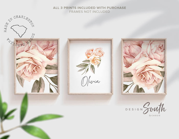 Girl nursery ideas, pink floral kid bedroom, modern elegant chic pink baby nursery decor, blush floral personalized name art, nursery room
