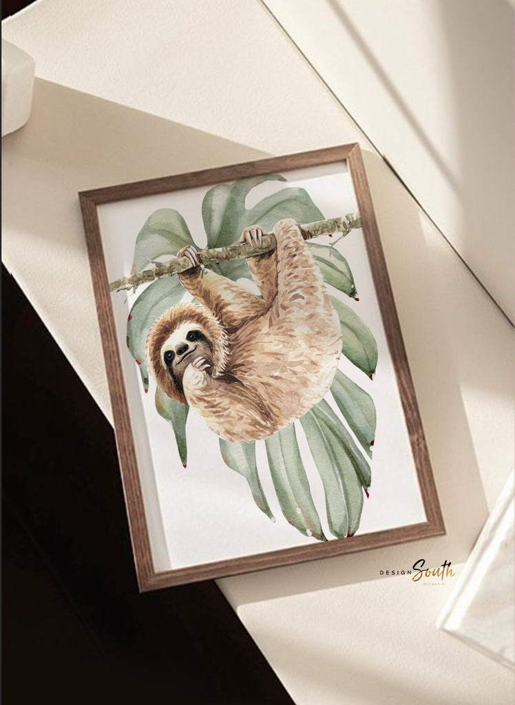 Sloth wall art set, sloth themed baby nursery, sloth nursery ideas, sloth tropical rainforest room decor, neutral sloth green gray newborn