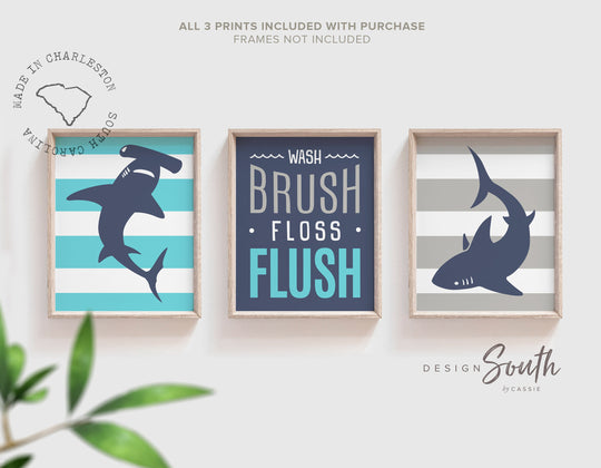 Boys blue and gray bathroom, shark bathroom, hammerhead, great white, boys bathroom decor, boys shark bathroom blue gray, baby boy shark art – unframed wall art print for kids room or nursery.