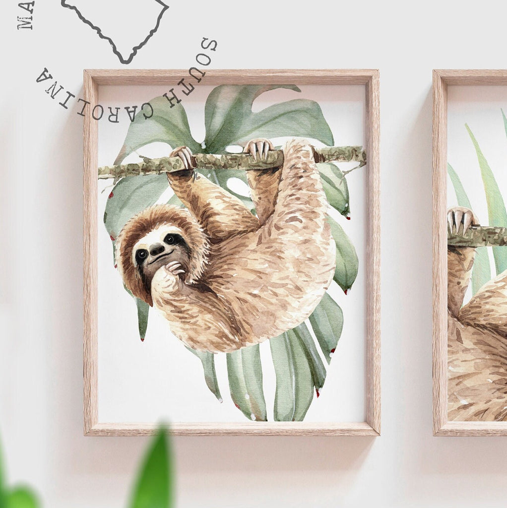 Sloth wall art set, sloth themed baby nursery, sloth nursery ideas, sloth tropical rainforest room decor, neutral sloth green gray newborn