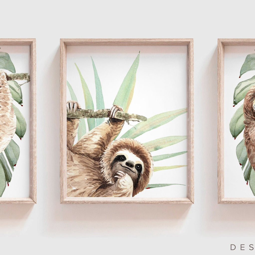 Sloth wall art set, sloth themed baby nursery, sloth nursery ideas, sloth tropical rainforest room decor, neutral sloth green gray newborn