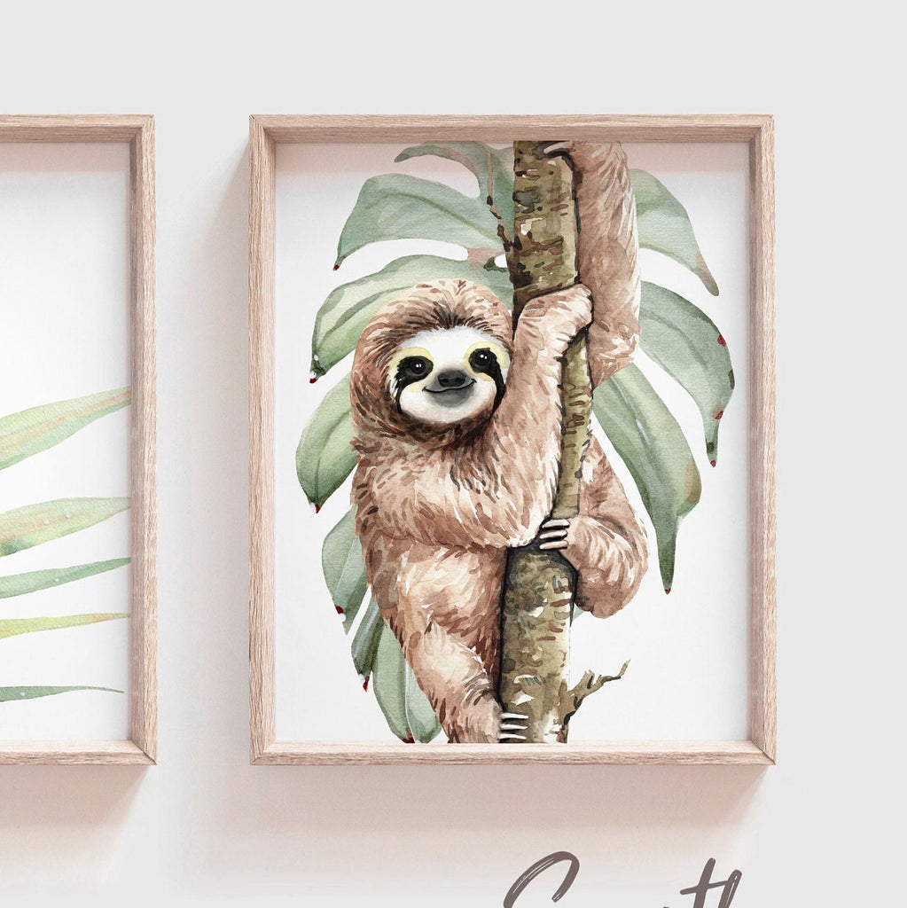 Sloth wall art set, sloth themed baby nursery, sloth nursery ideas, sloth tropical rainforest room decor, neutral sloth green gray newborn