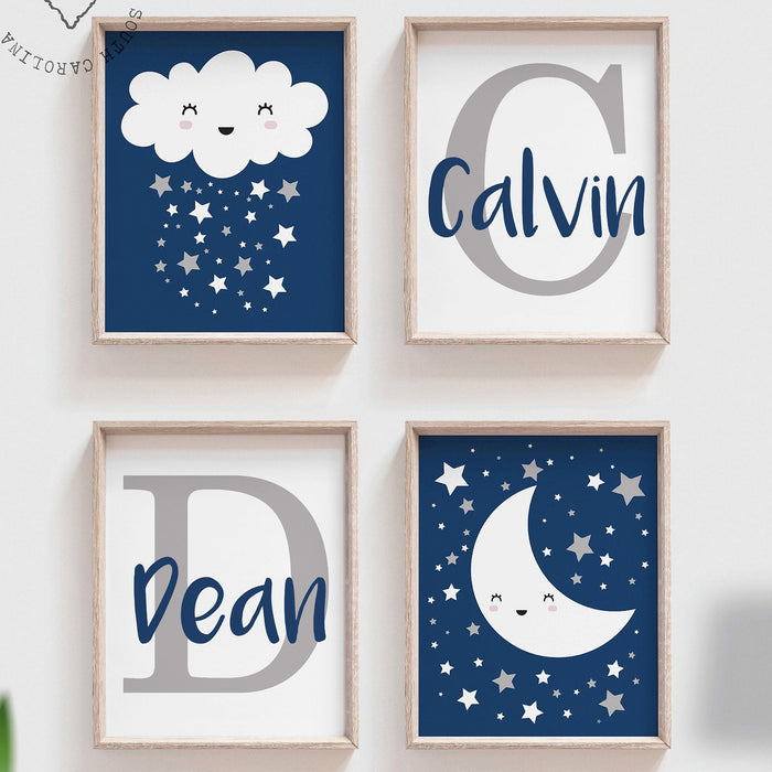 Shared boy bedroom, twin boys nursery wall art prints, navy blue and gray celestial theme moon stars clouds, personalized name and initial