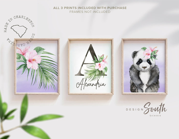 Palm panda bear baby girl wall art, tropical palm baby monogram, girls nursery print, baby name wall art, pink and purple name nursery decor