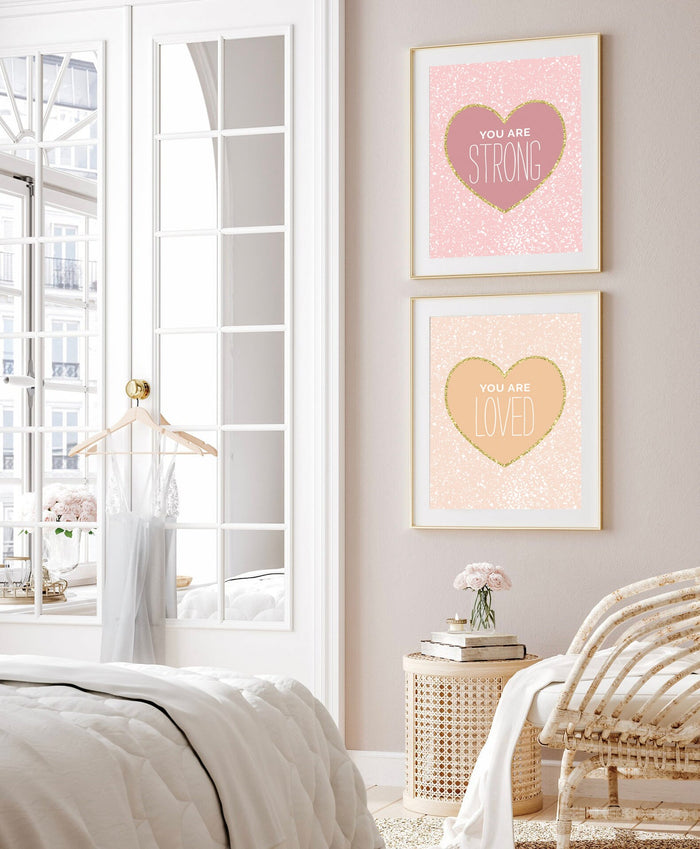 Pastel rainbow heart theme girl, hearts gold sparkles pastel colors inspirational art, little girl room heart theme, pastel affirmation art