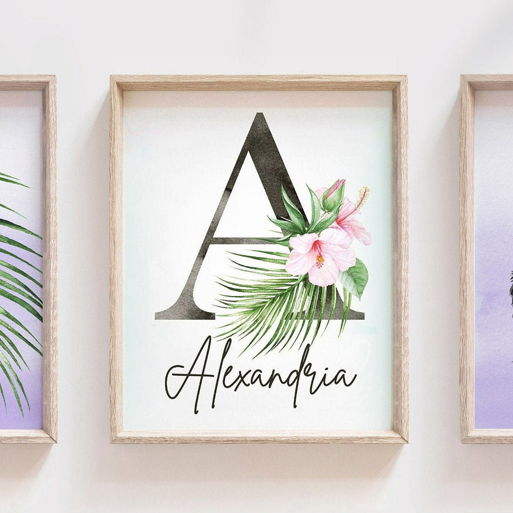 Palm panda bear baby girl wall art, tropical palm baby monogram, girls nursery print, baby name wall art, pink and purple name nursery decor