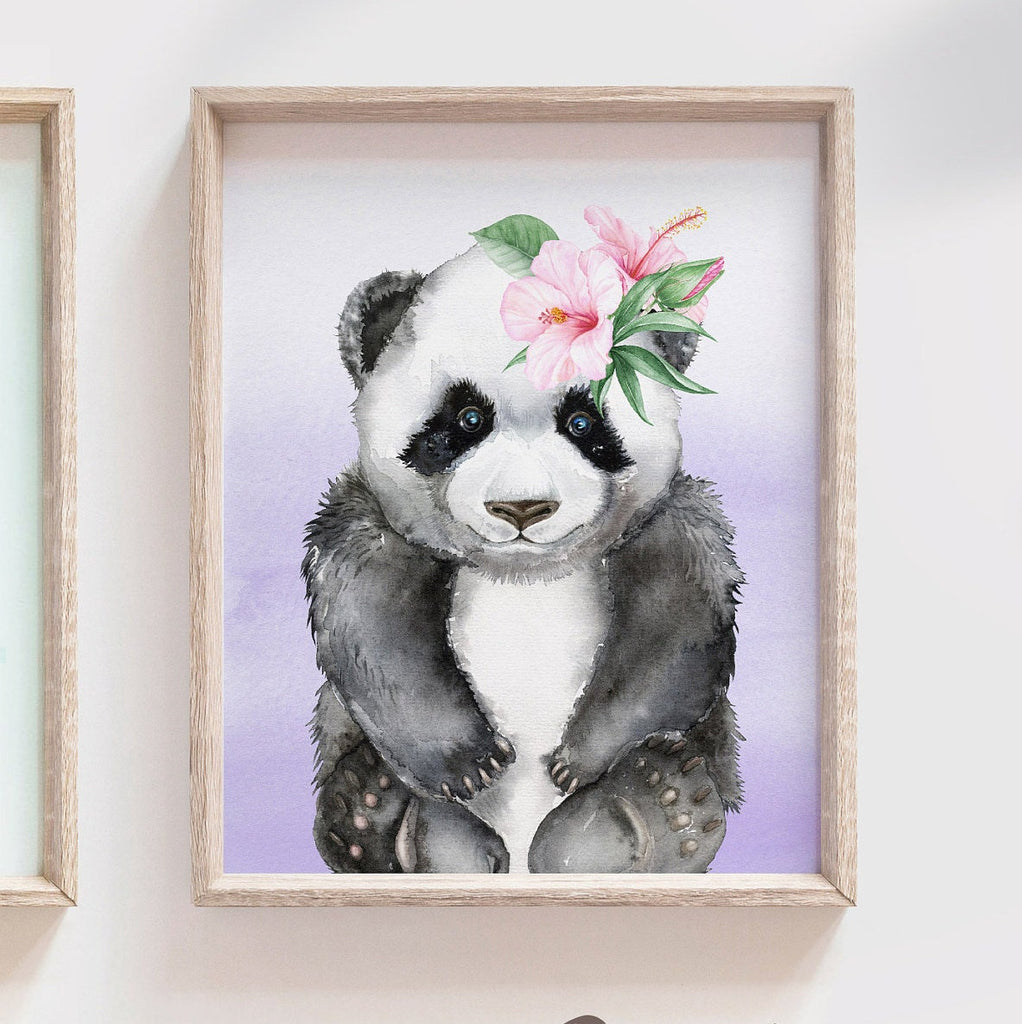 Palm panda bear baby girl wall art, tropical palm baby monogram, girls nursery print, baby name wall art, pink and purple name nursery decor